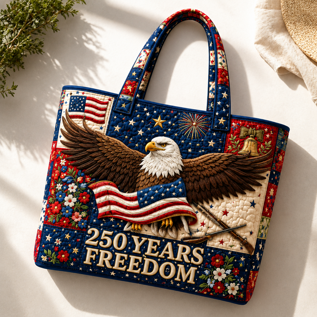 Quilted Patriotic Tote Bag with Bald Eagle 250 Years Freedom Gift for Her