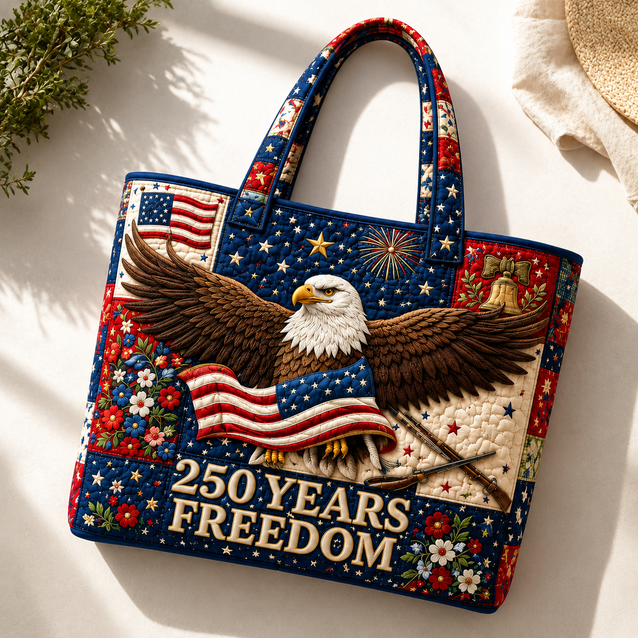 Quilted Patriotic Tote Bag with Bald Eagle 250 Years Freedom Gift for Her