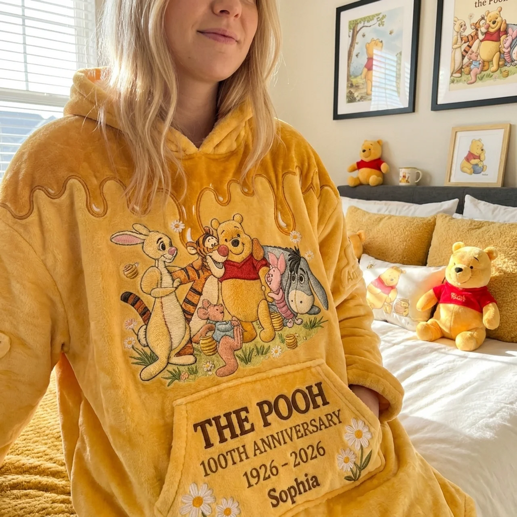 Personalized Winnie the Pooh 100th Anniversary Blanket Hoodie Gift Blanket Hoodie GradoCreations