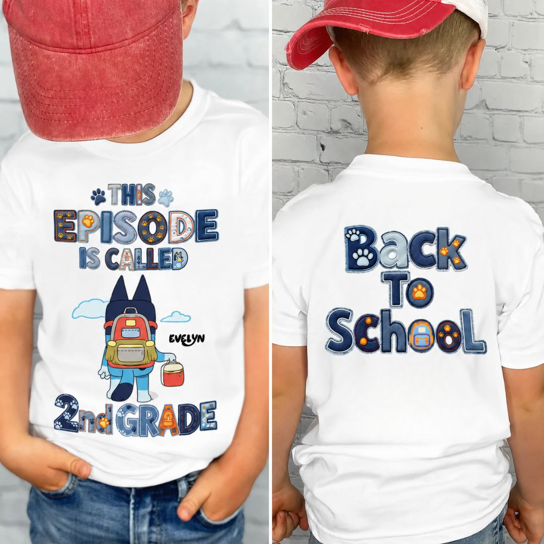 Personalized Kindergarten Blue Dog Back To School Shirt for Kids Cotton Apparel GradoCreations