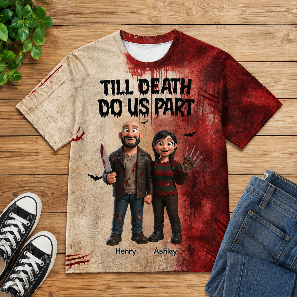 Personalized Halloween AOP T-shirt for Couples | Till Death Do Us Part AOP Tshirt GradoCreations