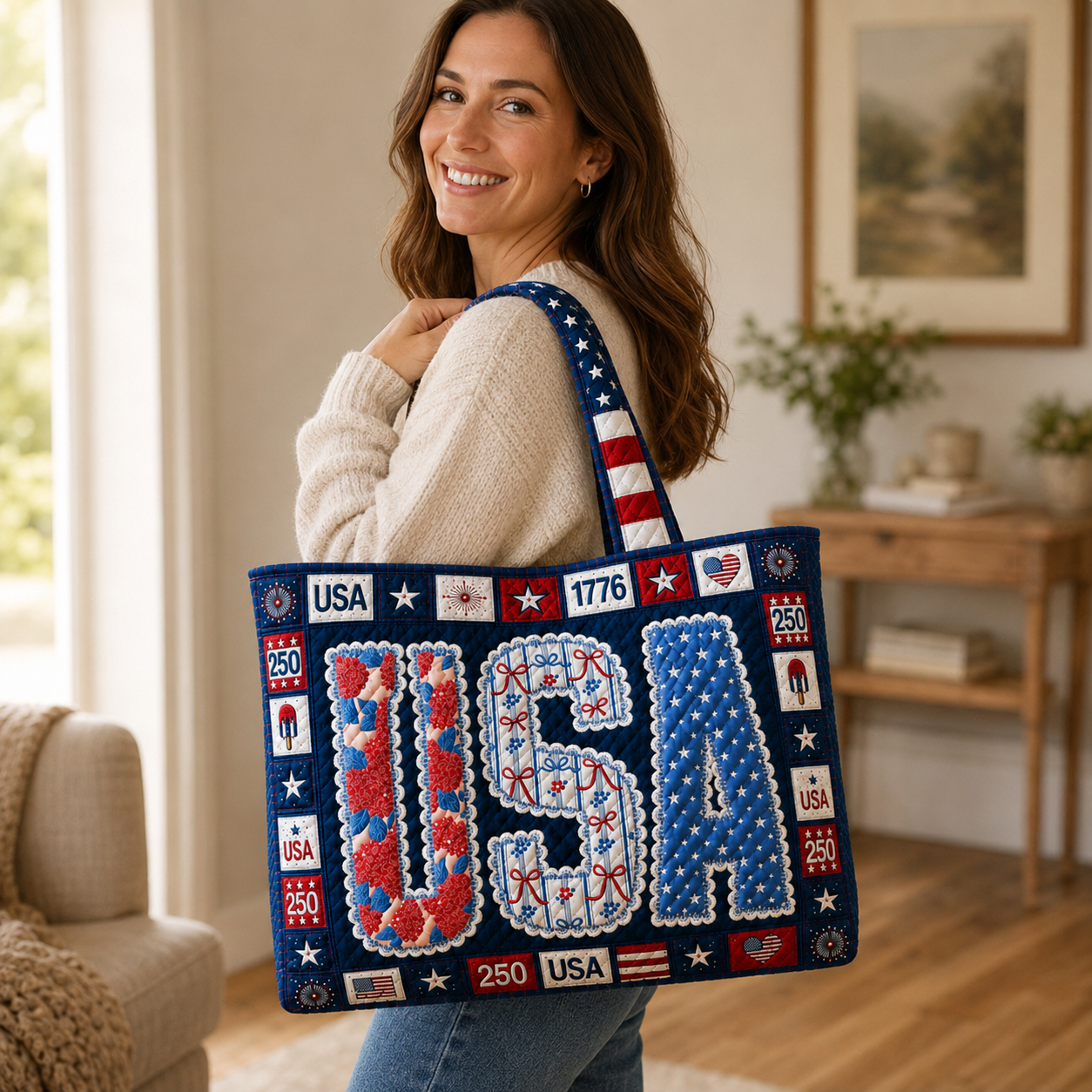Patriotic Quilted Tote Bag Custom Design Ideal Gift for Her