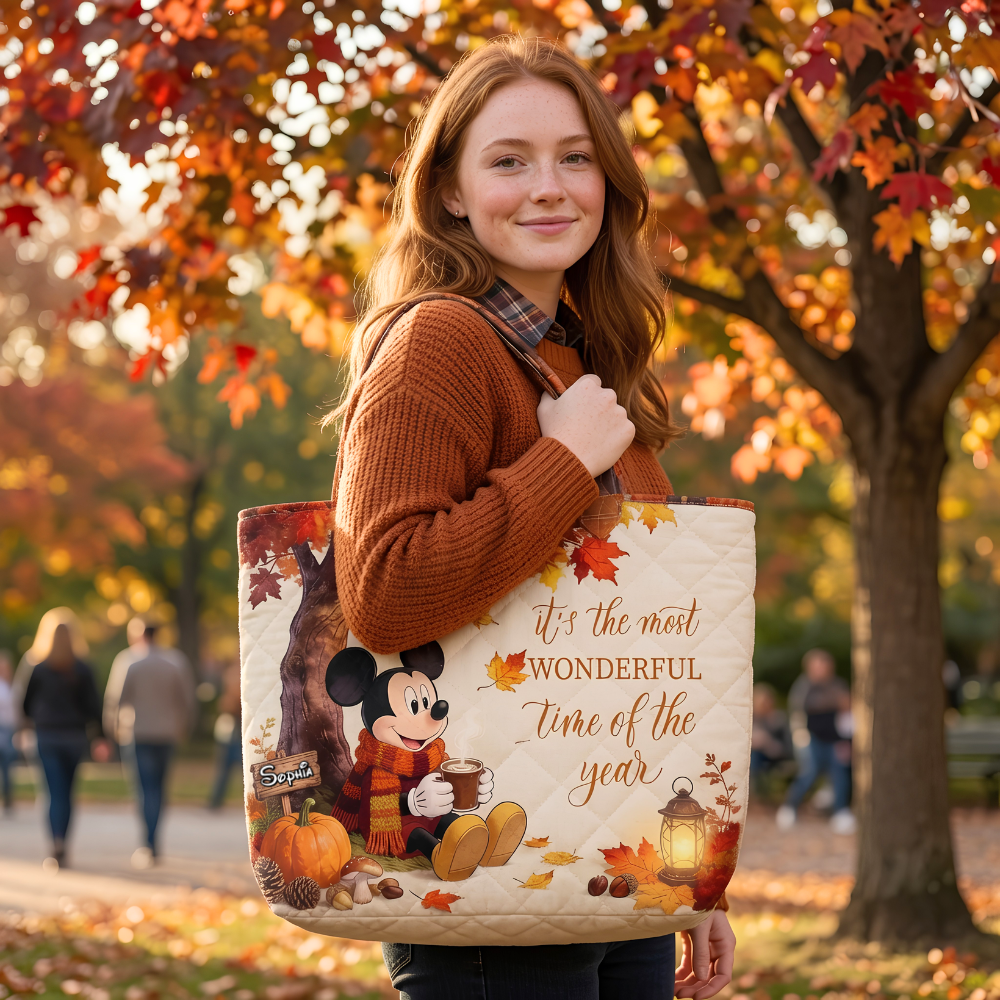 Personalized Quilted Tote Bag Fall Vibes Mickey Mouse Gift Quilted Tote Bag GradoCreations