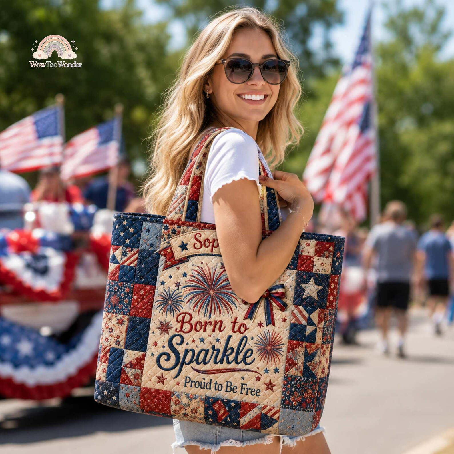 Personalized Quilted Tote Bag with Fireworks Design for 4th of July Patriot Gift