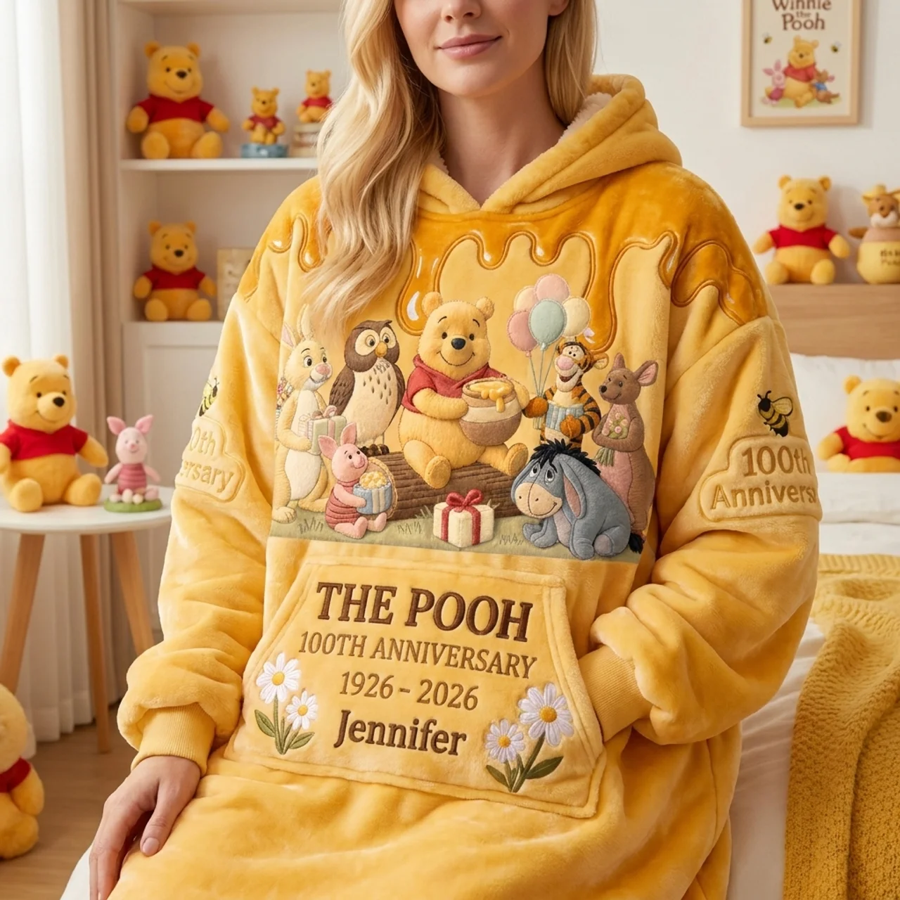 Personalized 100th Anniversary Winnie the Pooh Blanket Hoodie Gift Blanket Hoodie GradoCreations
