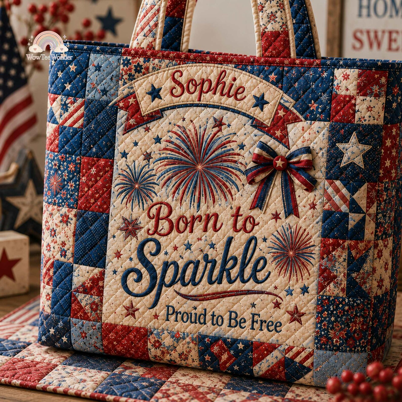 Personalized Quilted Tote Bag with Fireworks Design for 4th of July Patriot Gift