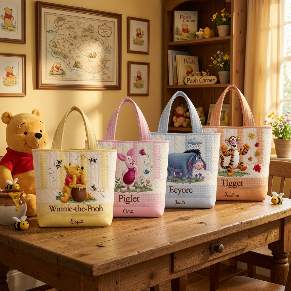 Personalized Quilted Tote Bag with Winnie the Pooh - Gift for Her
