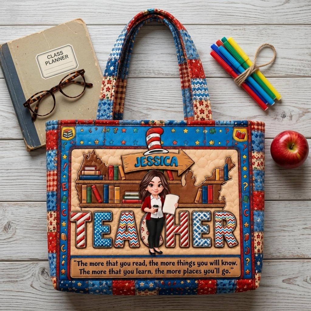 Personalized Quilted Tote Bag for Teacher Gift - Custom Name Quilted Tote Bag GradoCreations