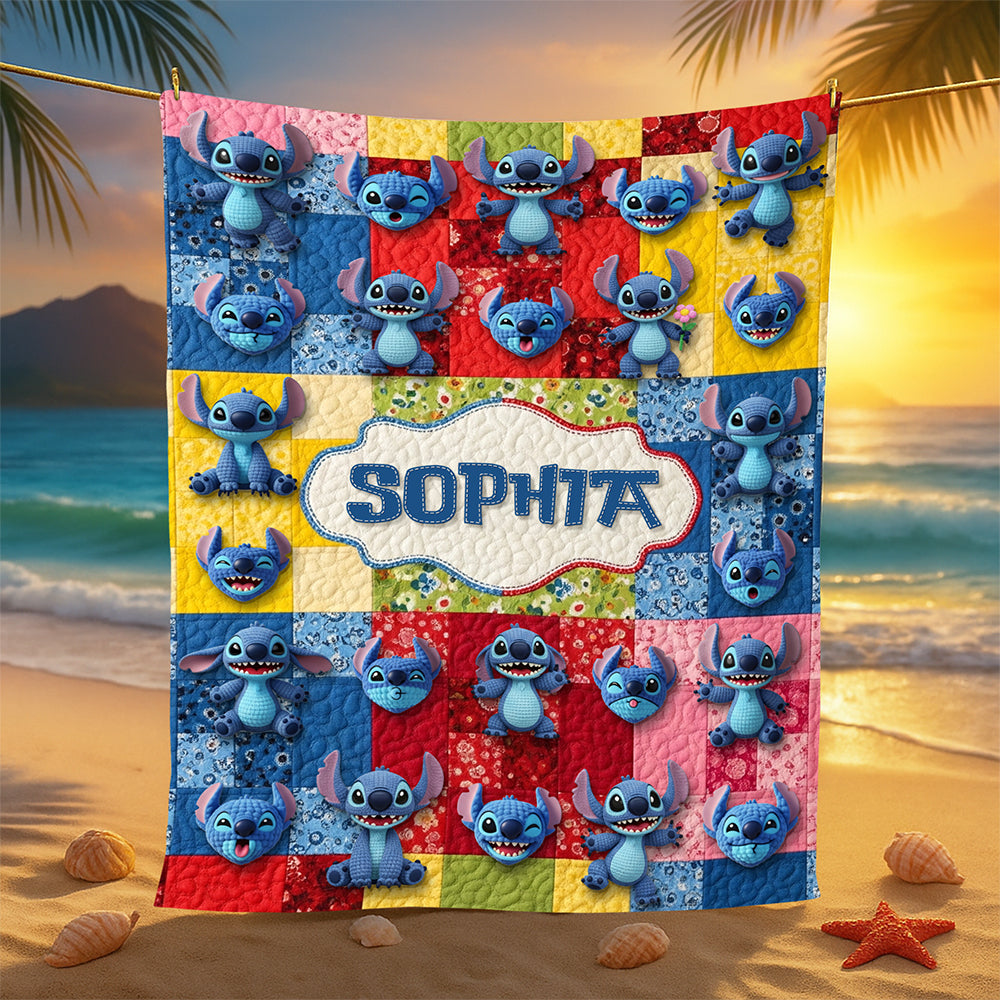 Personalized Cute Blue Stitch Blanket Custom Name Gift for Kids