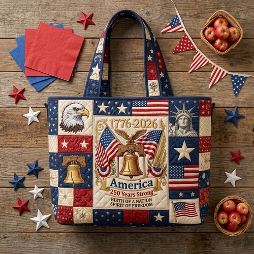 America 250 Years Strong Quilted Tote Bag - Patriotic Gift for Her Quilted Tote Bag GradoCreations