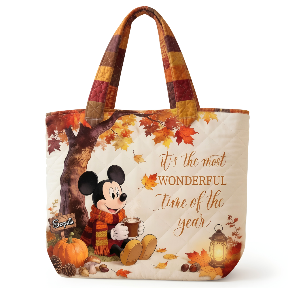 Personalized Quilted Tote Bag Fall Vibes Mickey Mouse Gift Quilted Tote Bag GradoCreations