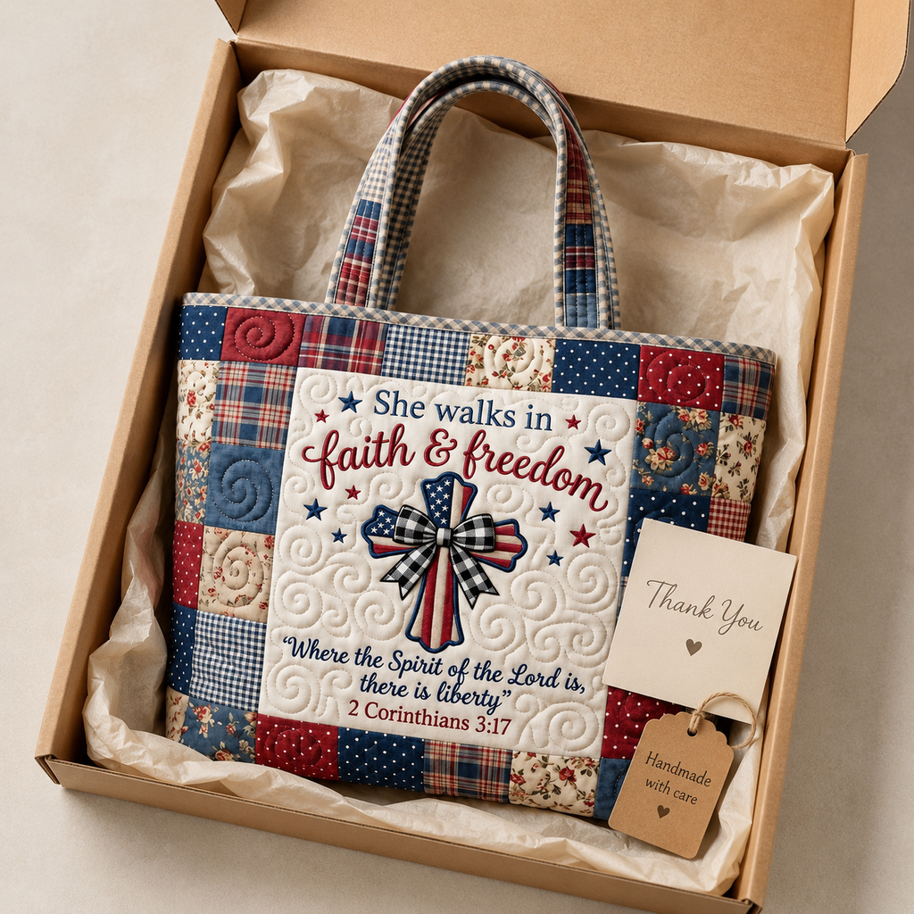 Personalized Patriotic Quilted Tote Bag with Bible Verse for Her