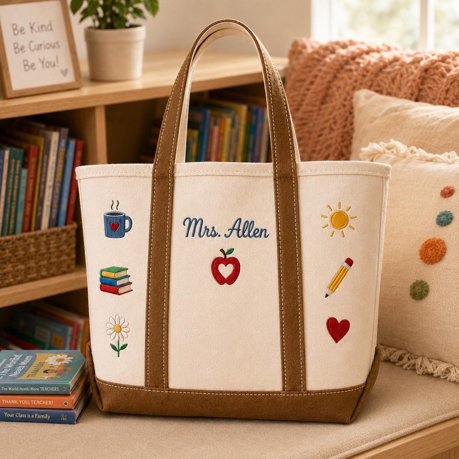 Personalized Teacher Tote Bag with Apple & Pencil Design Gift for Educators