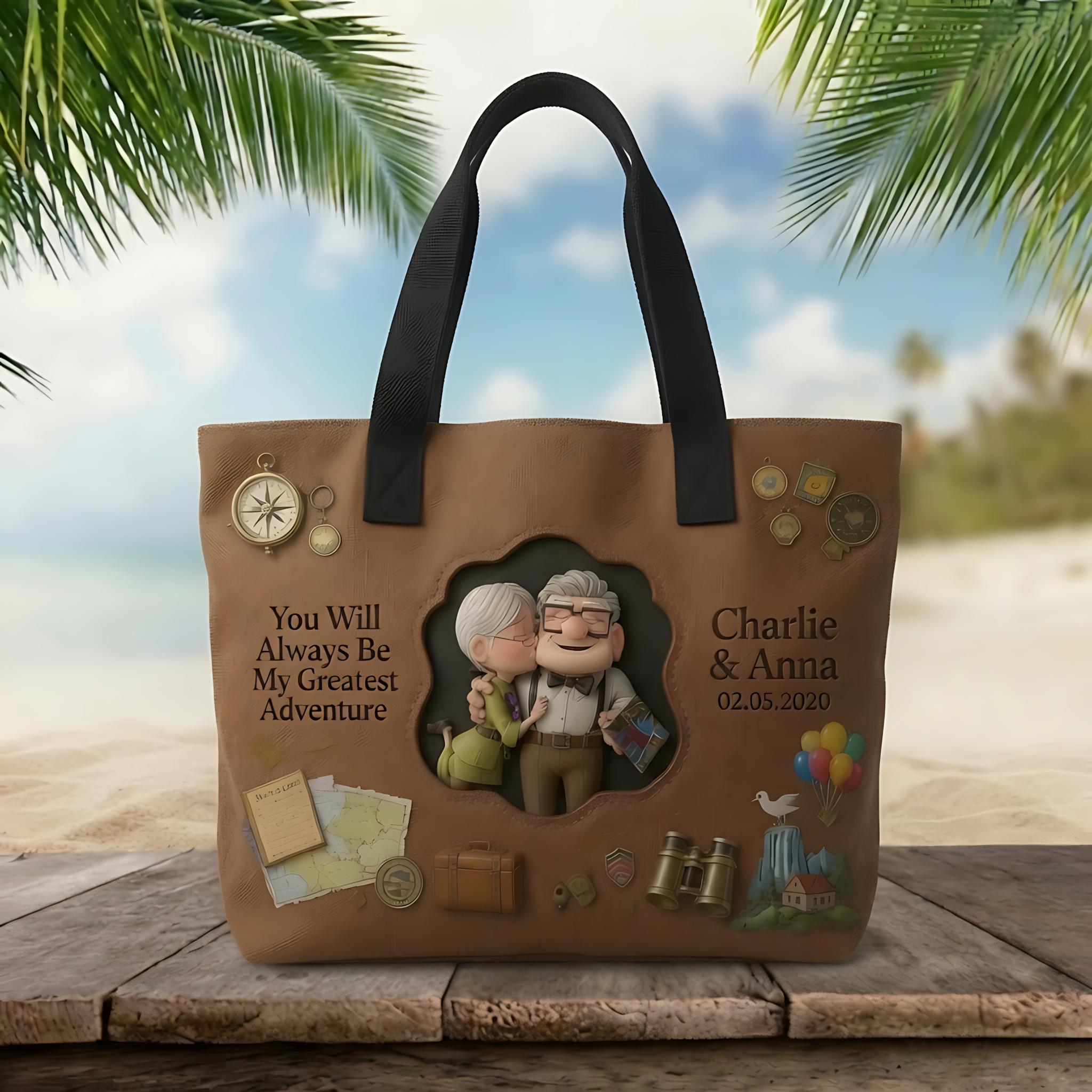 Personalized Adventure Tote Bag Custom Name Gift for Couple