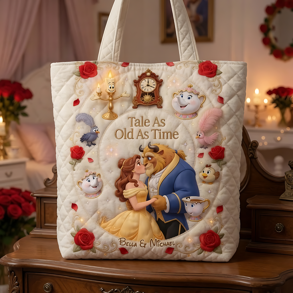 Personalized Quilted Tote Bag - Tale As Old As Time Gift for Couple