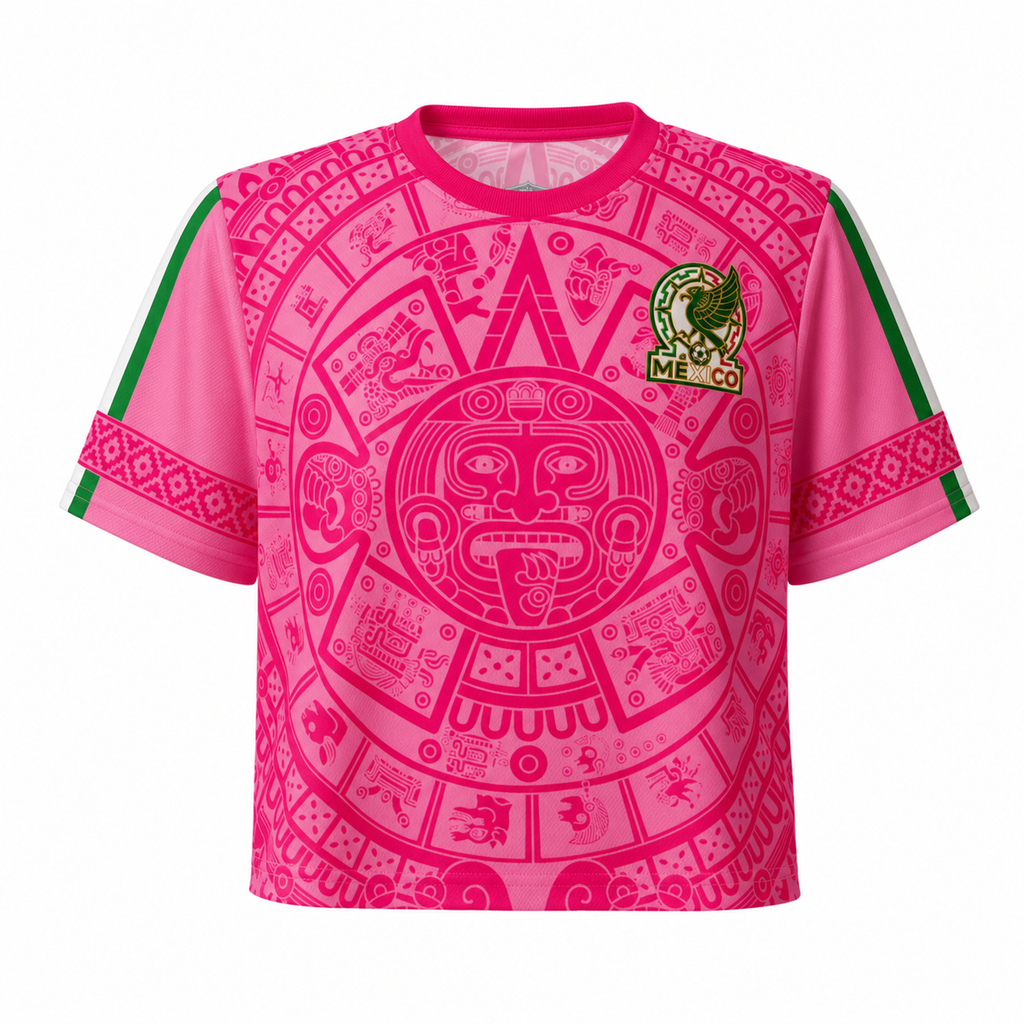 Personalized Pink Mexico Aztec Calendar Soccer Jersey Crop Tee Gift for Football Fans