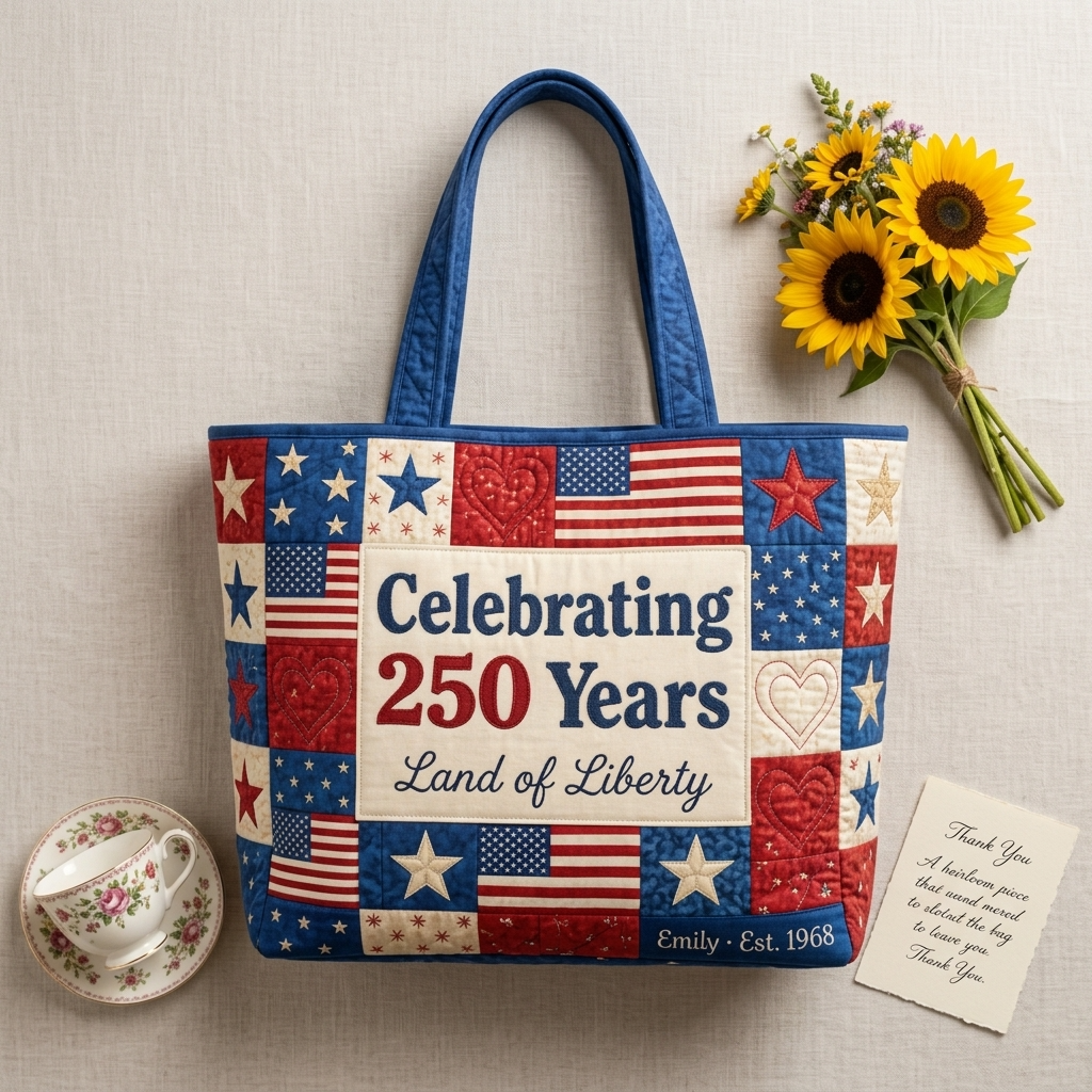 Personalized Quilted Tote Bag with Patriotic Design for Her - 250 Years Land of Liberty Gift
