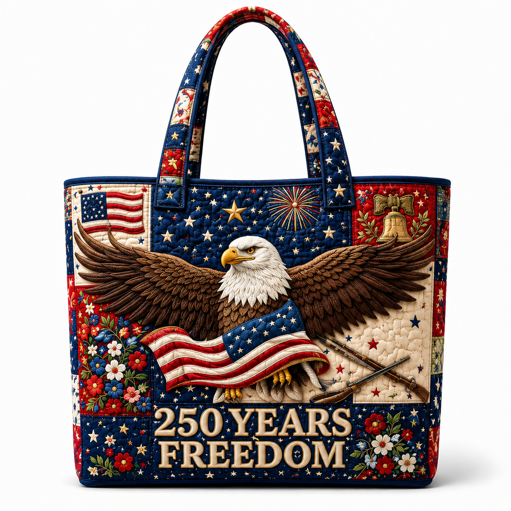 Quilted Patriotic Tote Bag with Bald Eagle 250 Years Freedom Gift for Her