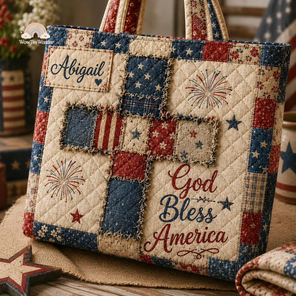 Personalized Quilted Tote Bag American Flag Floral Gift for Patriots
