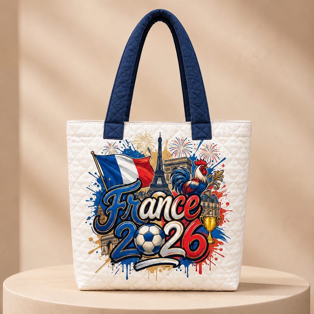 Quilted Tote Bag France Flag 2026 Soccer Cup Gift for Fans