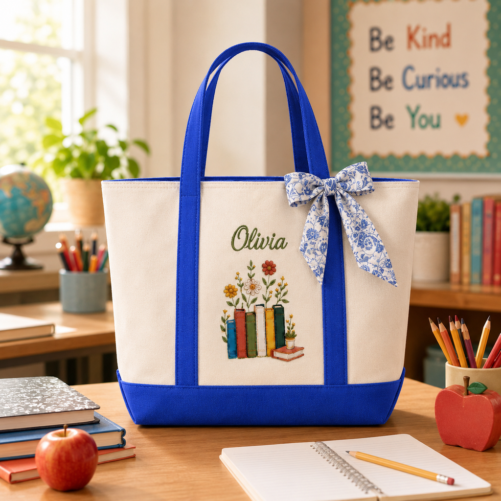 Personalized Embroidery Tote Bag for Teacher with Floral Design