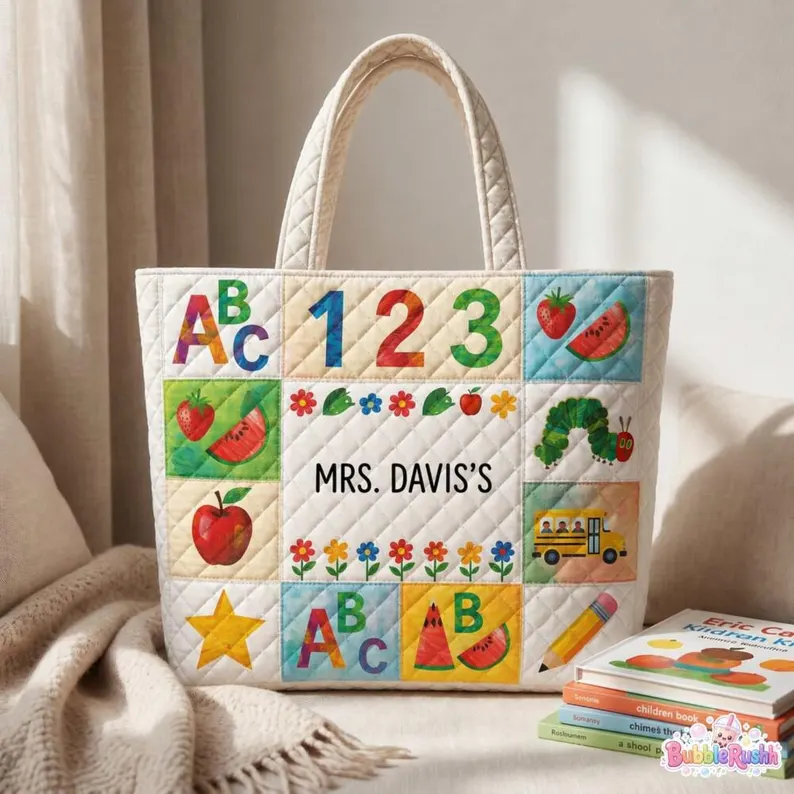 Personalized Quilted Tote Bag with ABC Design for Teachers - Custom Name Gift