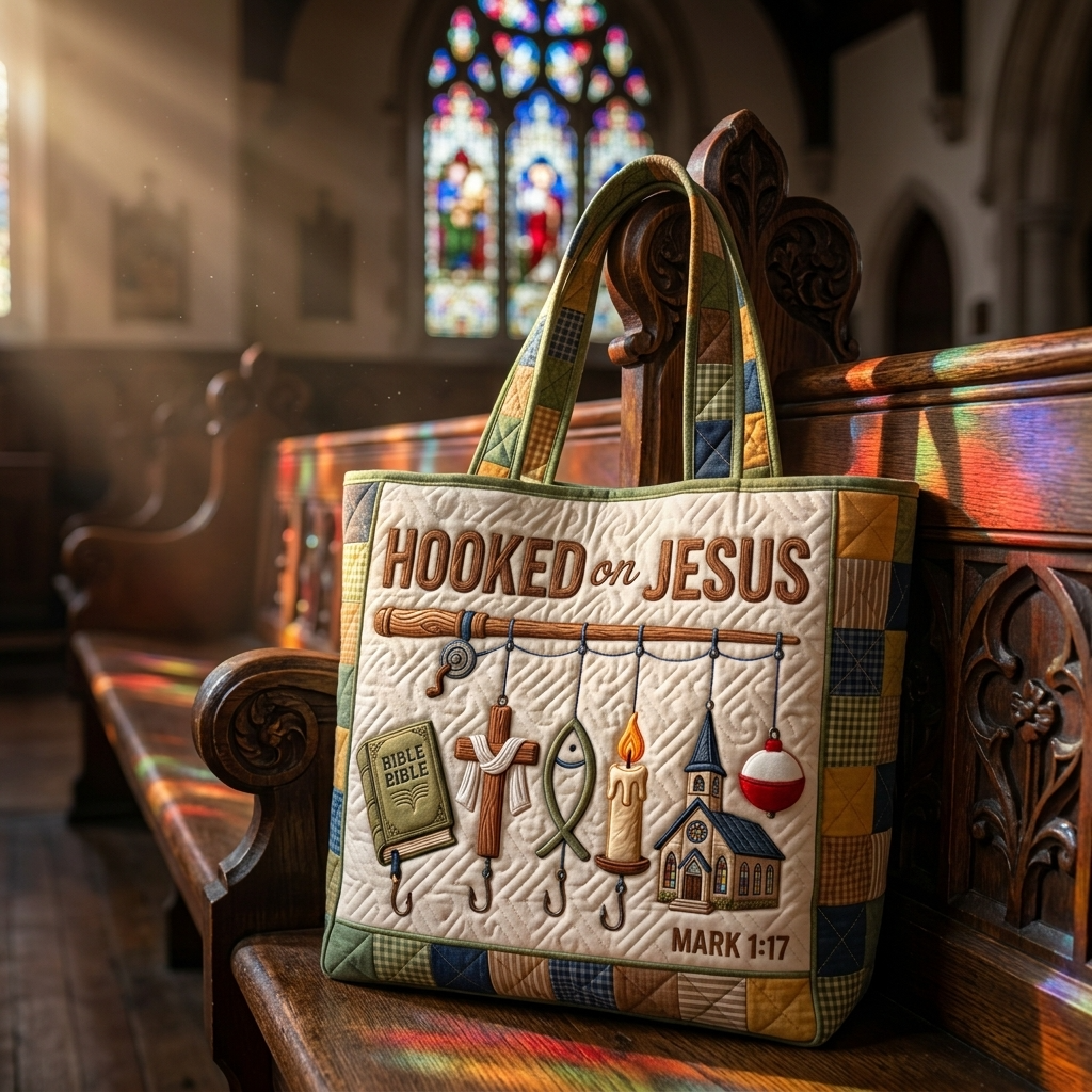 Quilted Tote Bag Hooked on Jesus Mark 1:17 Christian Gift for Fishermen
