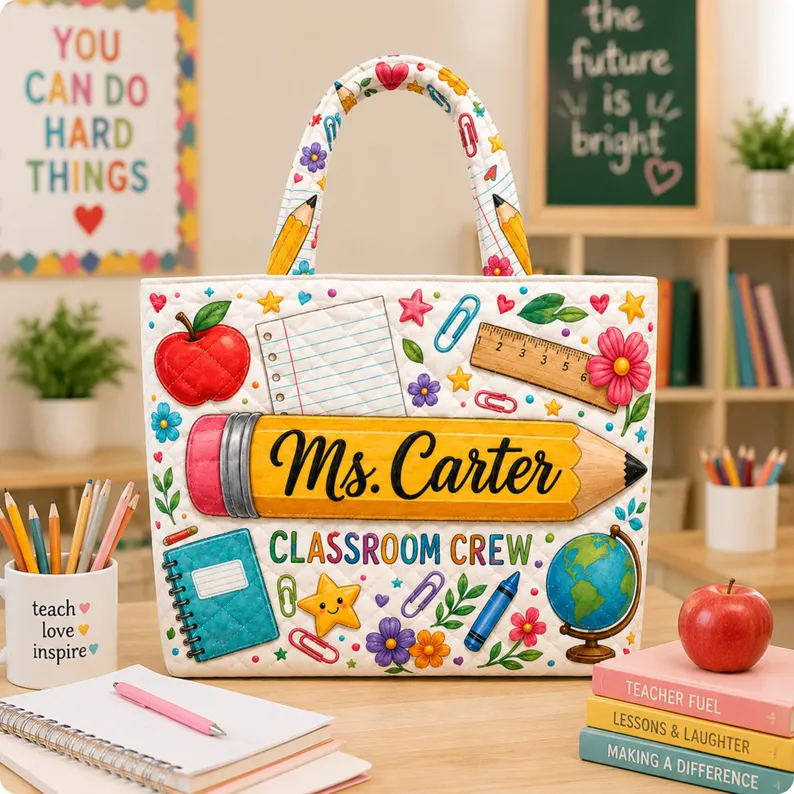Personalized Teacher Tote Bag with Apple & Pencil Design Gift for Educator