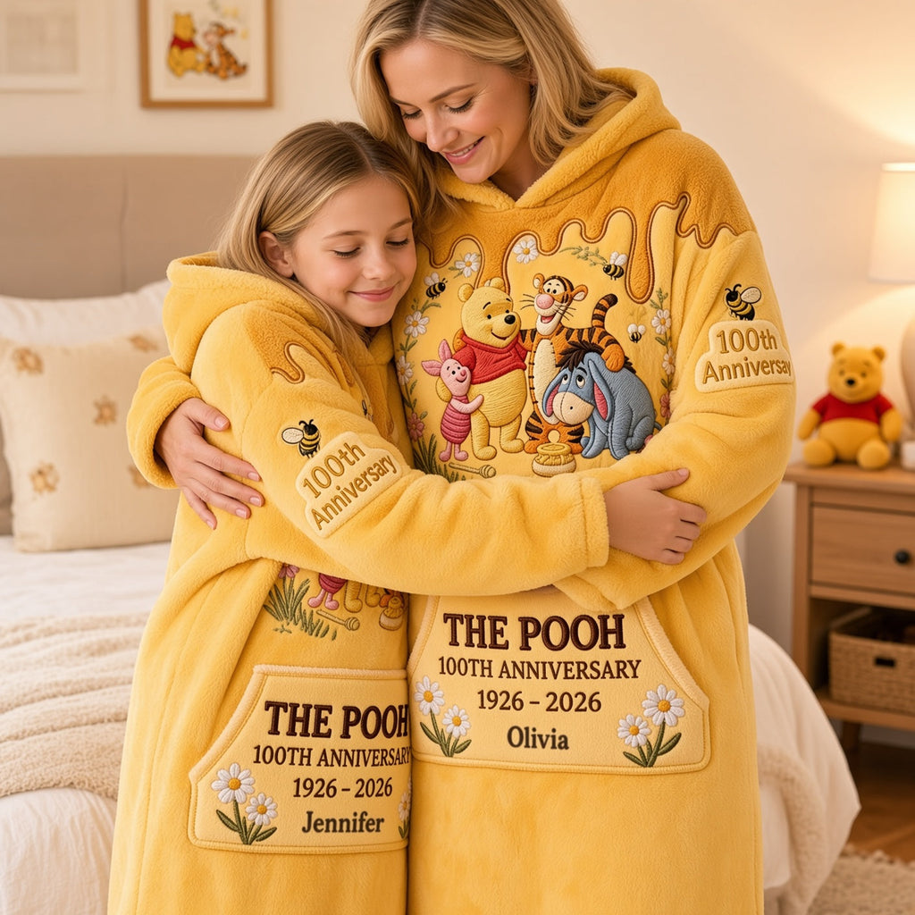Personalized Pooh Bear 100th Anniversary Blanket Hoodie for Kids & Adults Blanket Hoodie GradoCreations