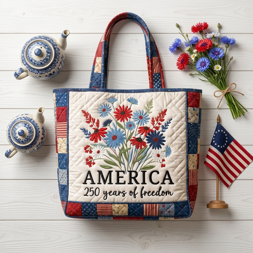 Patriotic Quilted Tote Bag with Flower Design for Her - Independence Day Gift