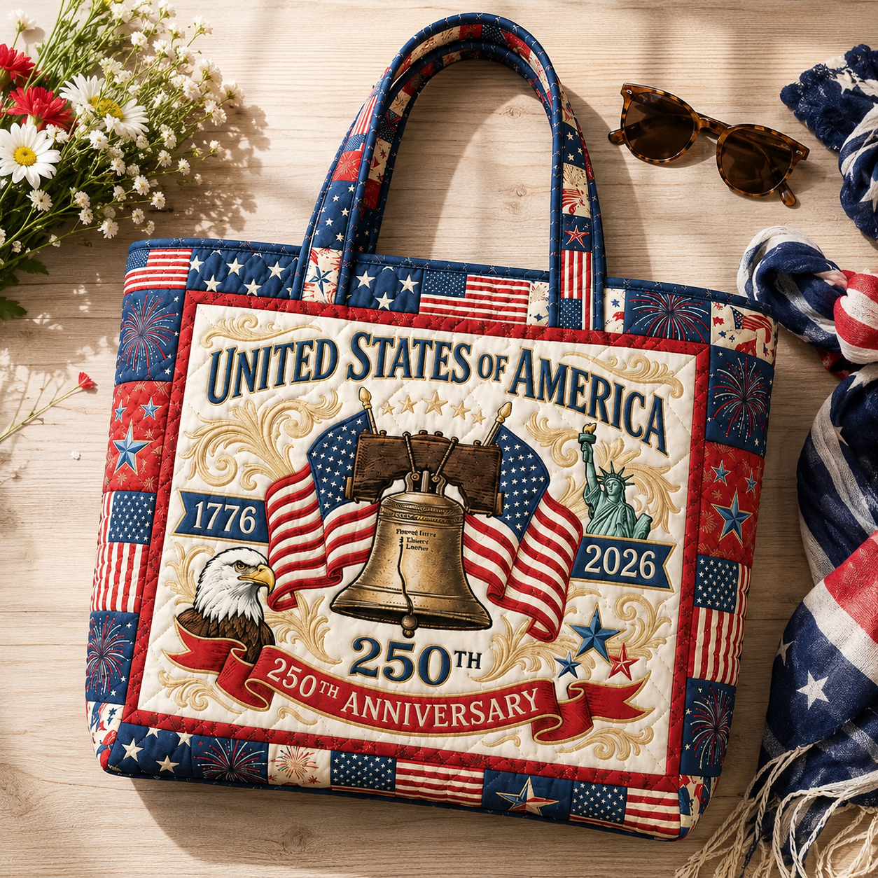Quilted USA Flag Tote Bag with Liberty Bell Design - Patriotic Gift