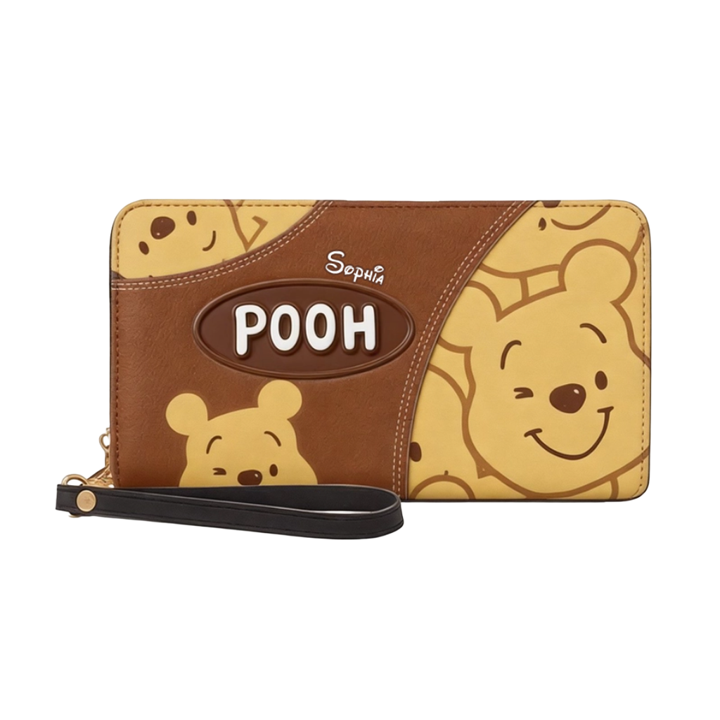 Personalized Leather Long Wallet with Pooh Design Gift Idea