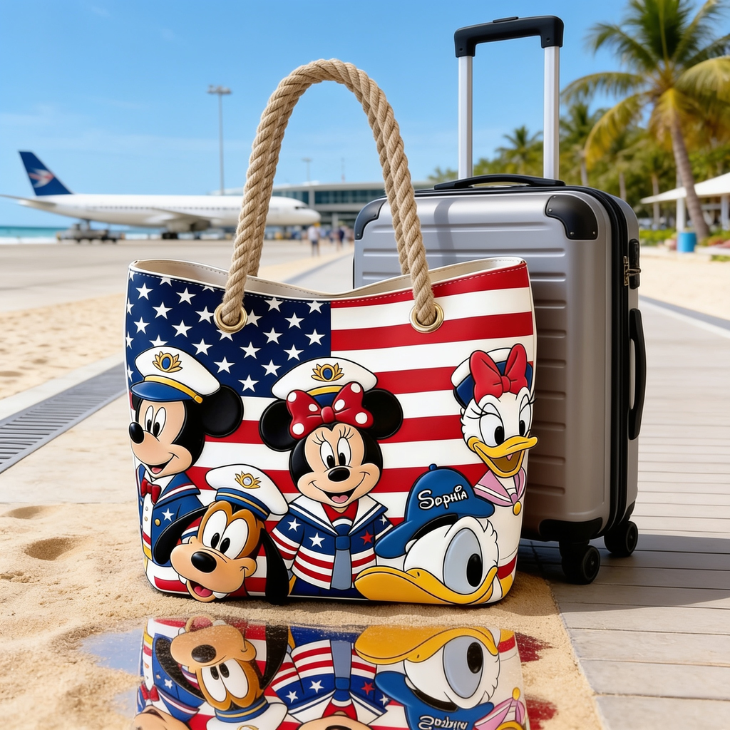 Personalized Beach Bag with USA Flag Design - Custom Vacation Gift for Movie Fans