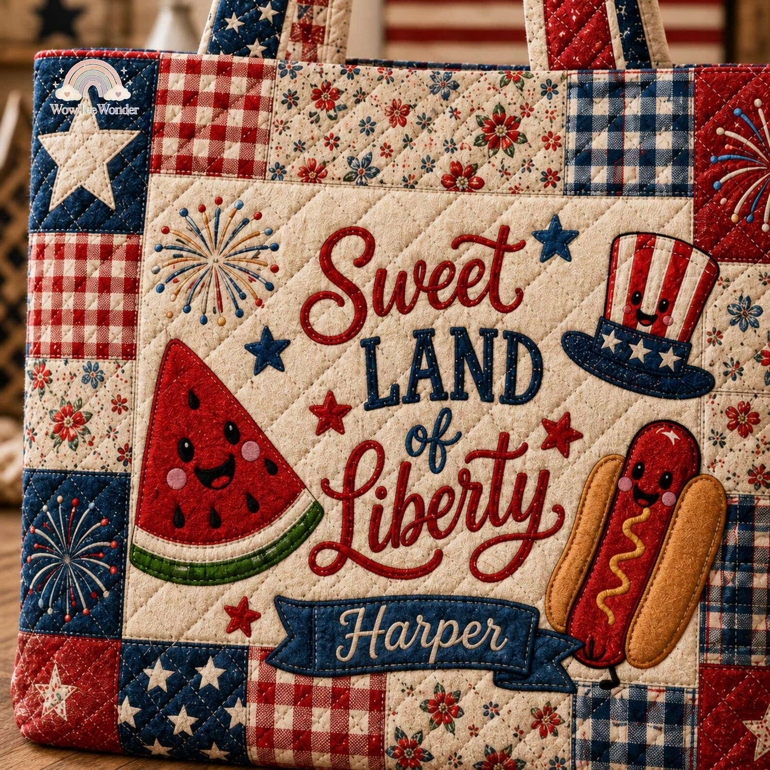 Personalized Quilted Tote Bag Custom Name Sweet Land of Liberty Gift for Independence Day