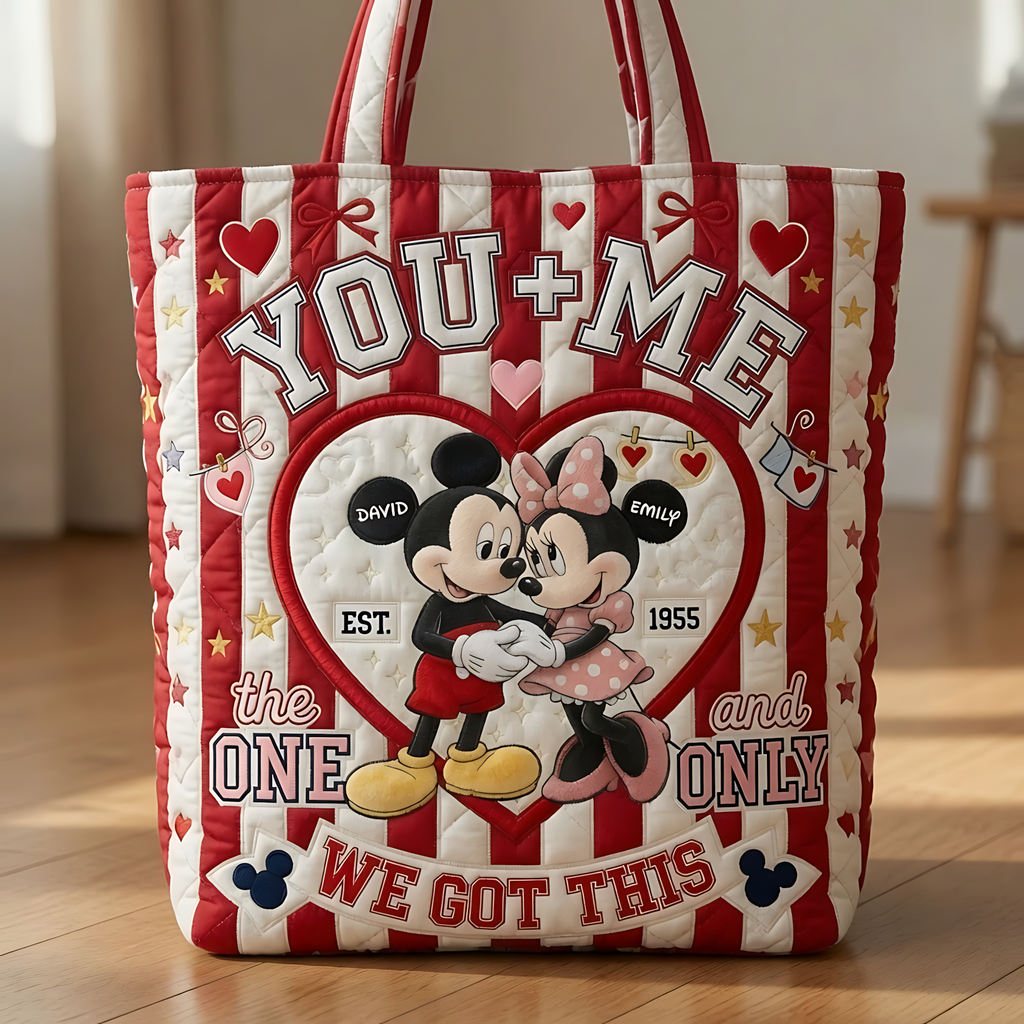Personalized Quilted Tote Bag for Couples Gift - Custom Name Heart Design