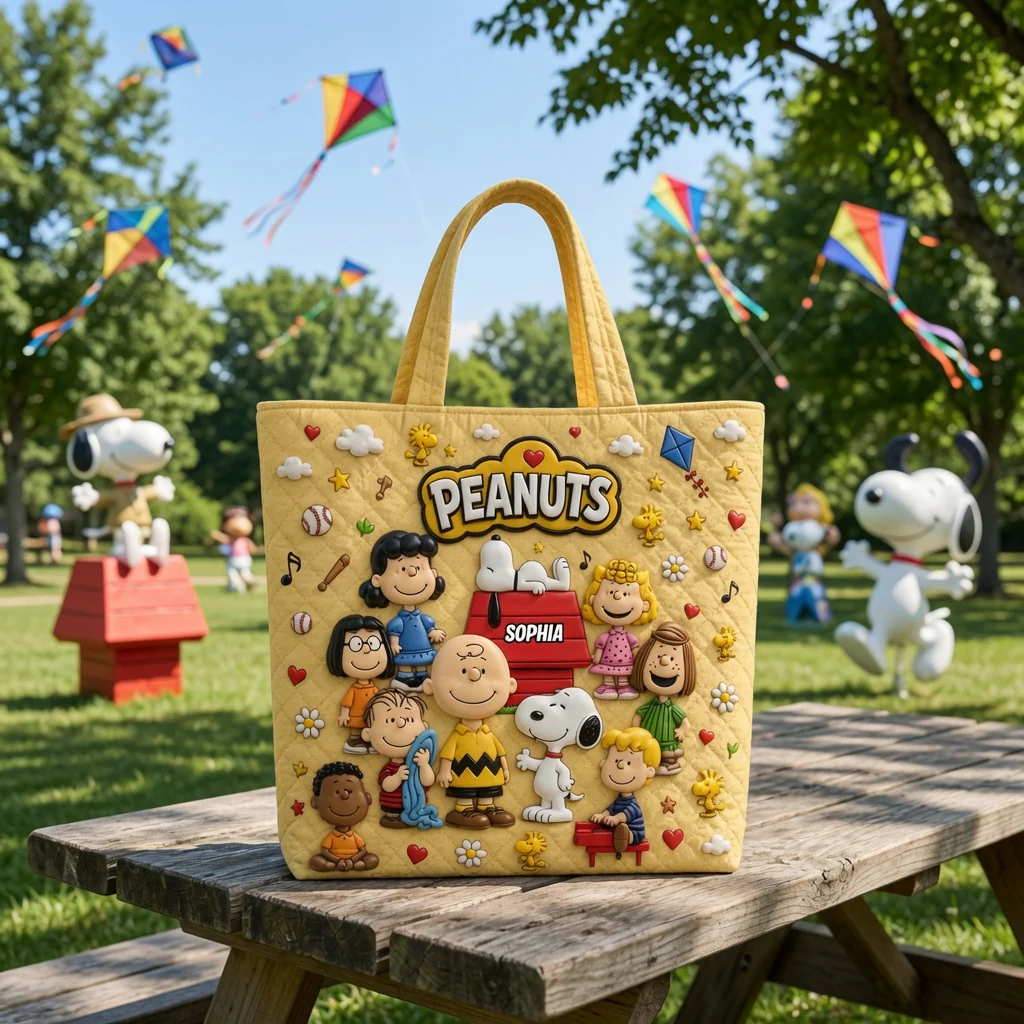Personalized Peanuts Quilted Tote Bag Custom Name Gift for Her Quilted Tote Bag GradoCreations
