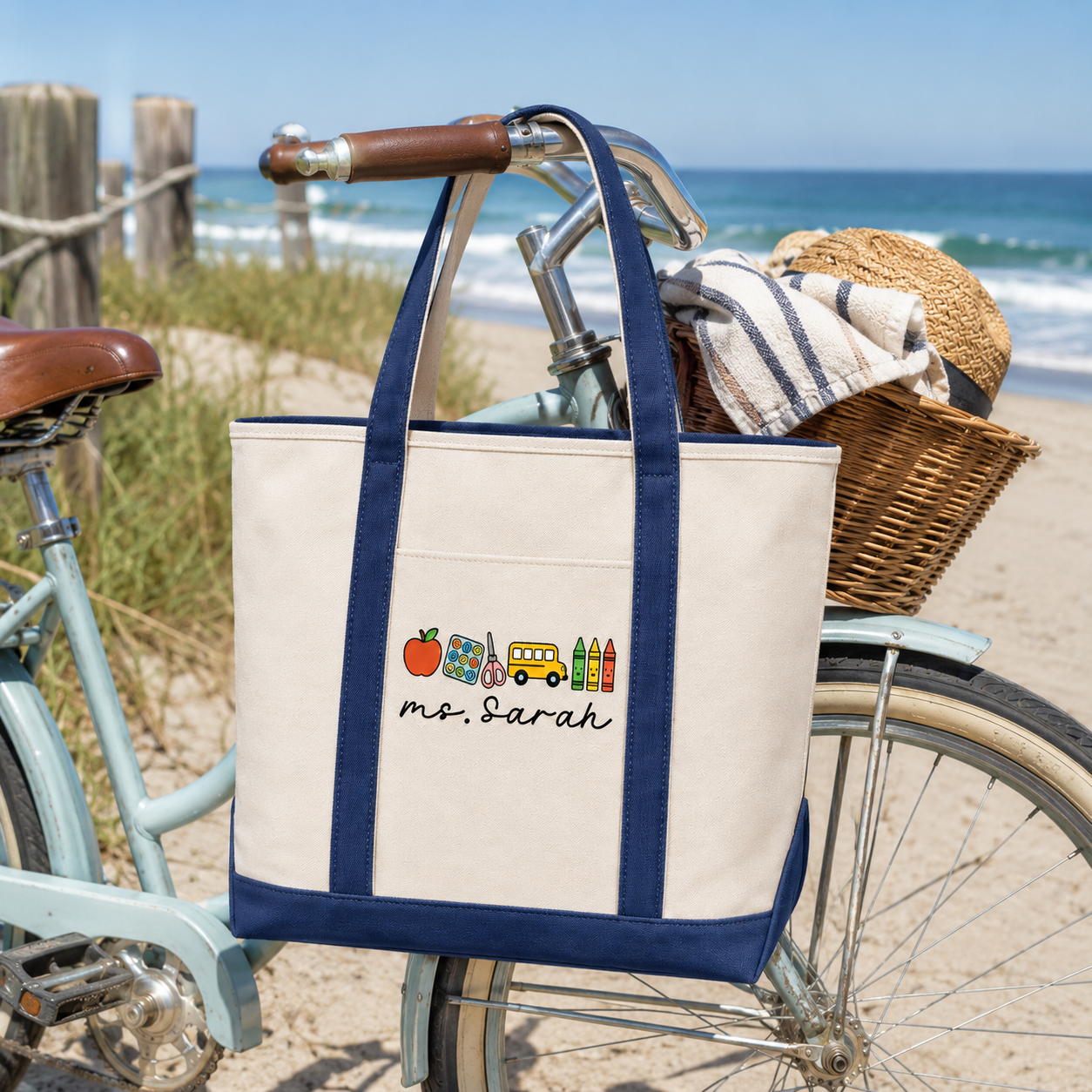Personalized Embroidery Tote Bag with School Bus Design for Teacher
