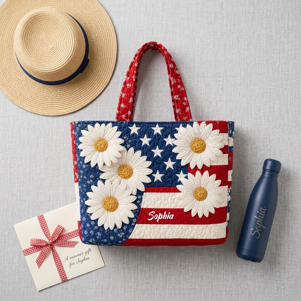 Personalized American Flag Daisy Quilted Tote Bag - Gift for Her