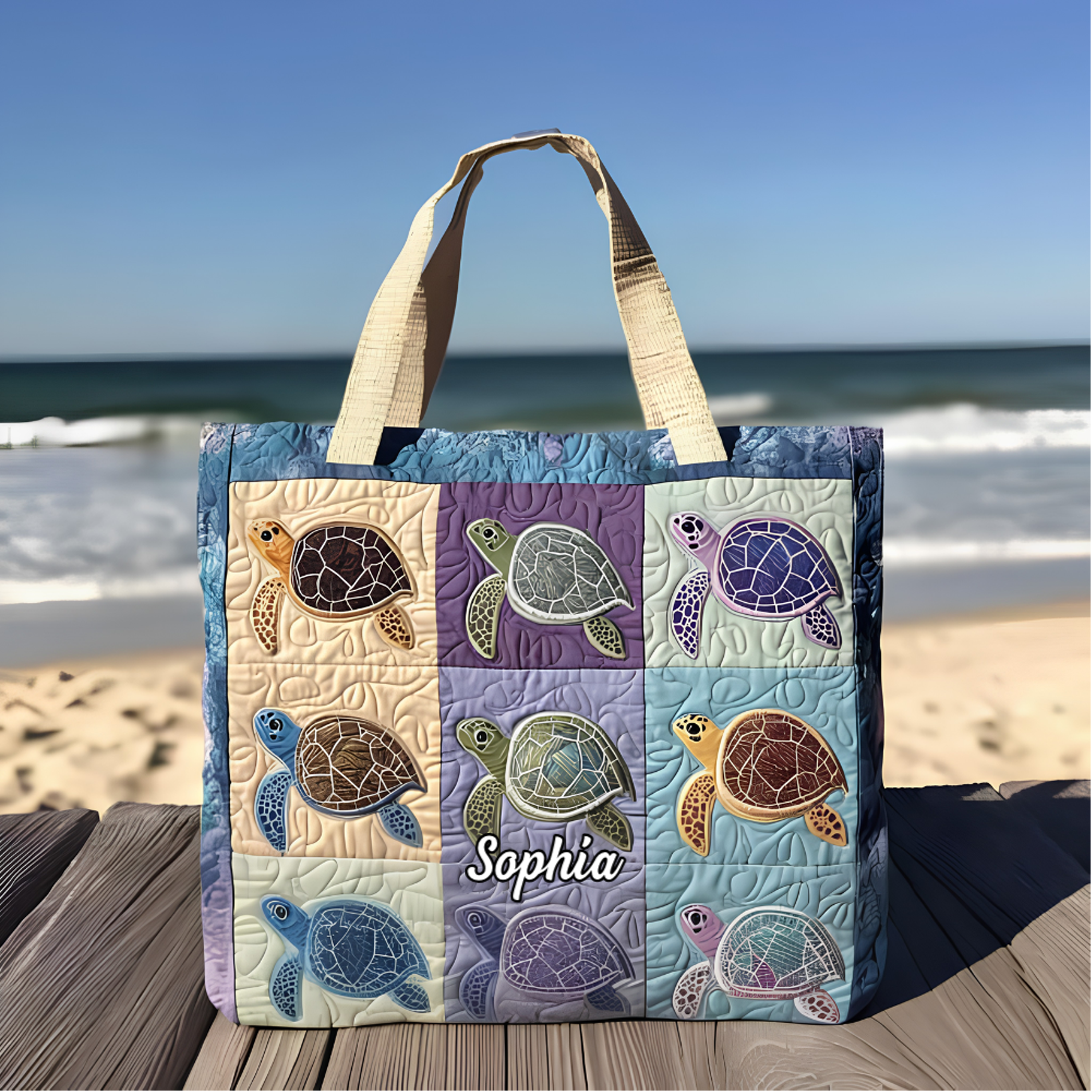 Personalized Quilted Tote Bag with Turtle Design Gift for Her