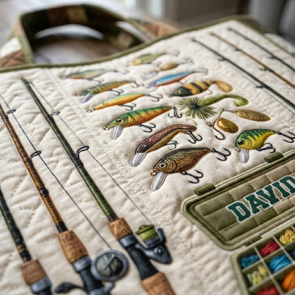 Personalized Fishing Tackle Box Quilted Tote Bag for Dad