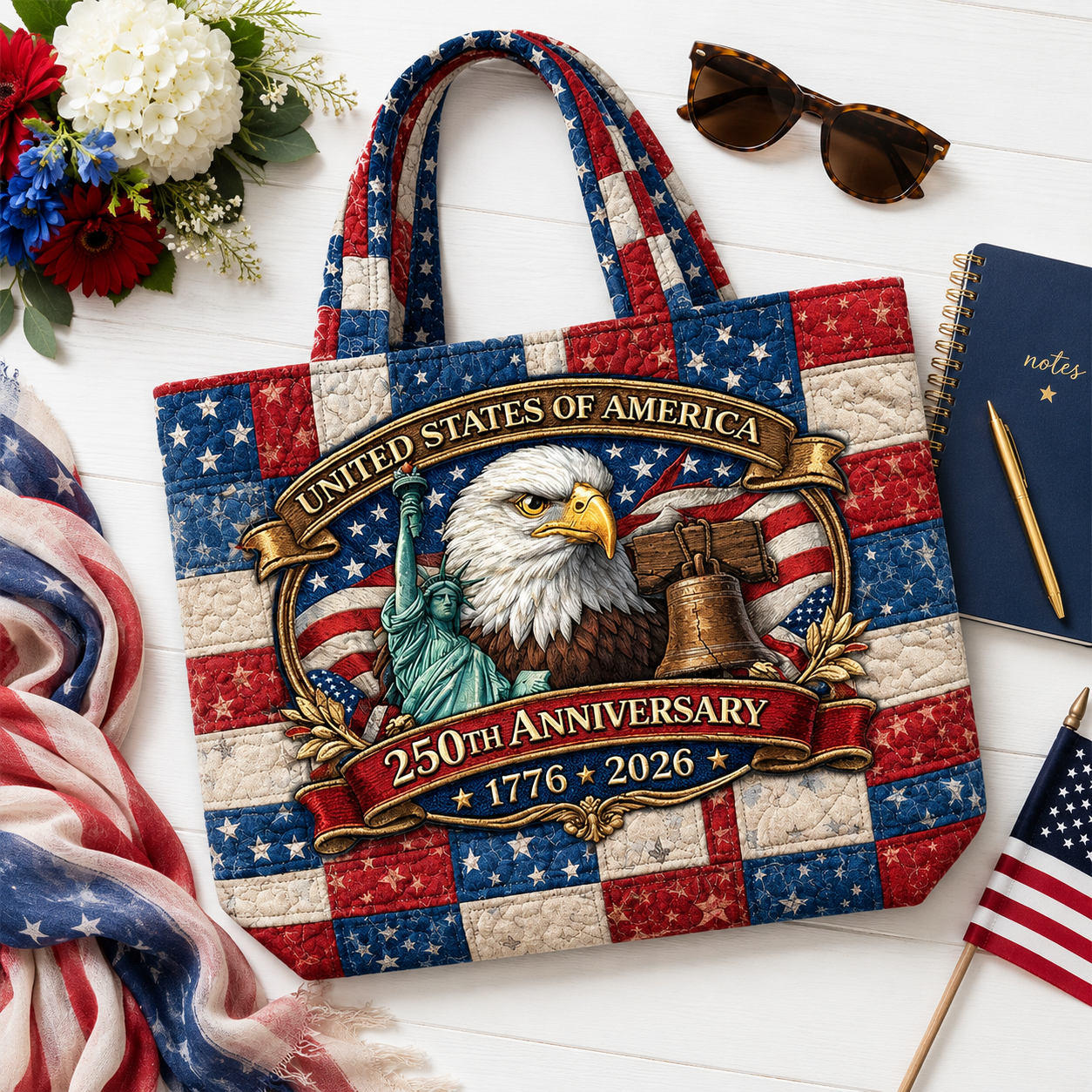 Quilted Patriotic Tote Bag Custom Design Gift for Her