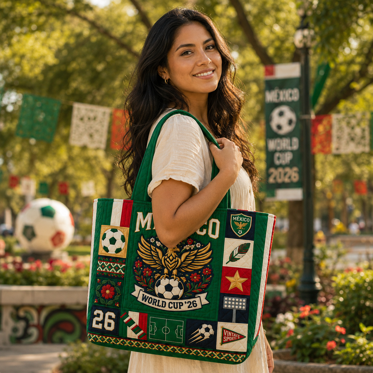 Personalized Mexico World Cup 2026 Quilted Tote Bag Gift for Football Fans