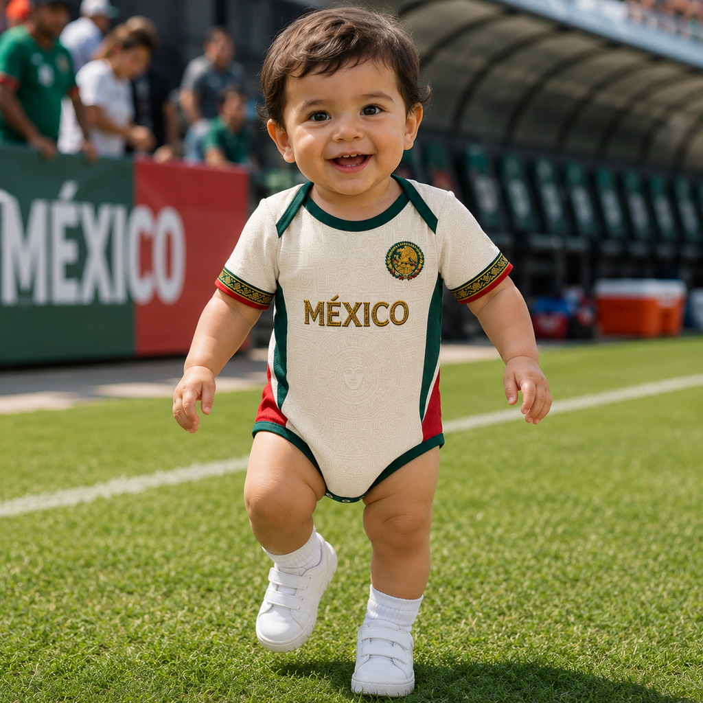 Personalized Mexico Aztec Sun Stone Baby Jersey Bodysuit Gift for New Moms, Dads, Soccer Lovers