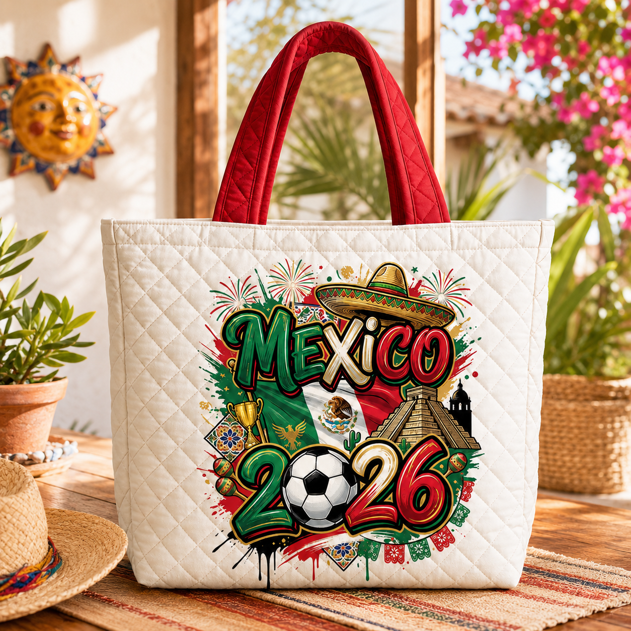Quilted Tote Bag with Mexico Flag for World Cup Fans 2026