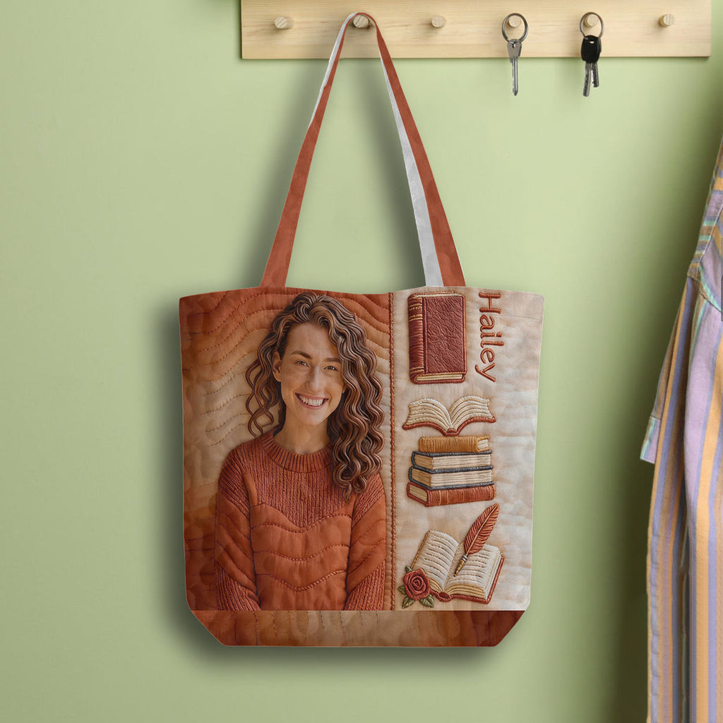 Personalized Quilted Tote Bag Photo Gift for Her - Book Lovers