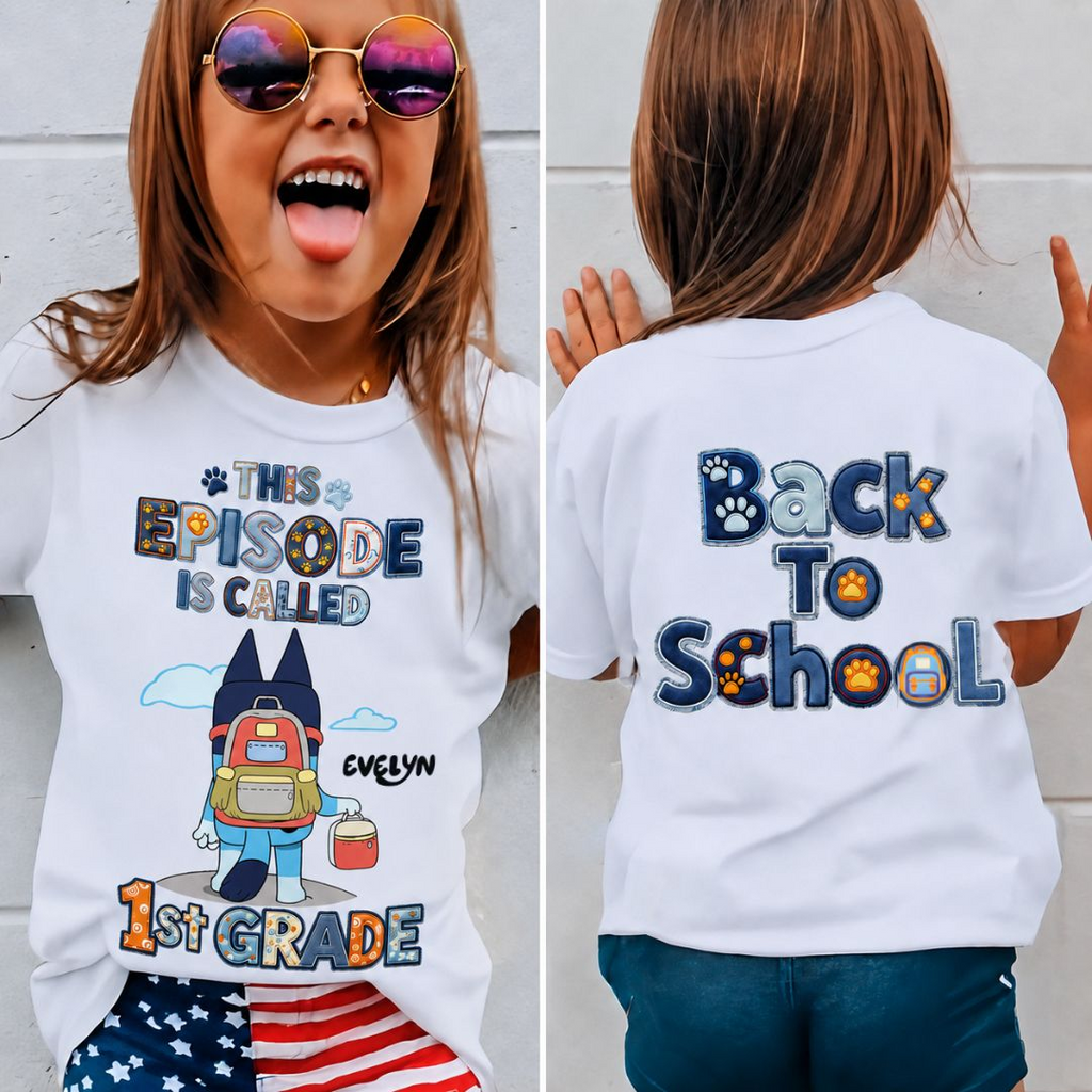 Personalized Kindergarten Blue Dog Back To School Shirt for Kids Cotton Apparel GradoCreations