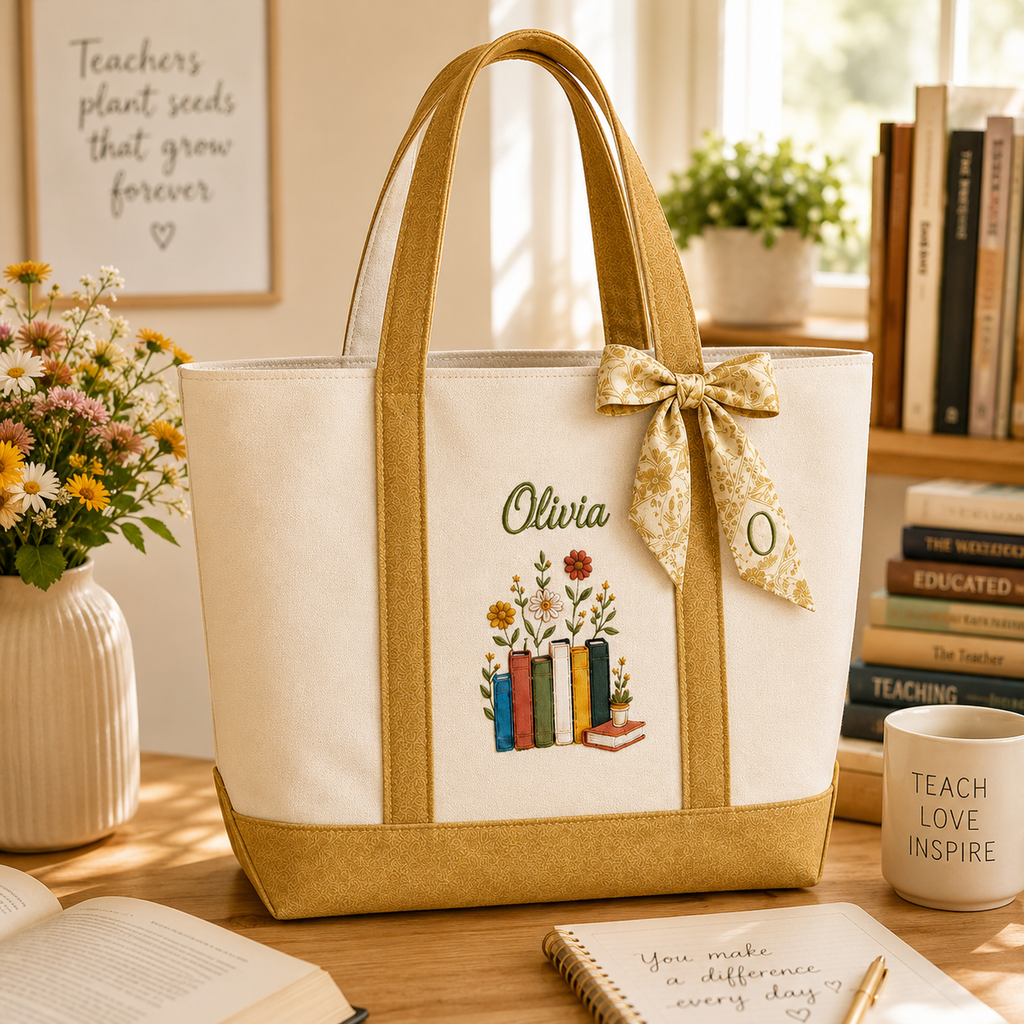 Personalized Embroidery Tote Bag for Teacher with Floral Design