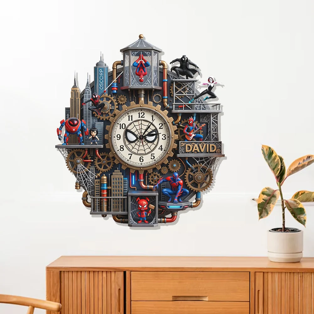 Personalized Spider-Man Wall Hanging Clock Custom Name Gift for Movie Fans Wall Hanging Clock GradoCreations