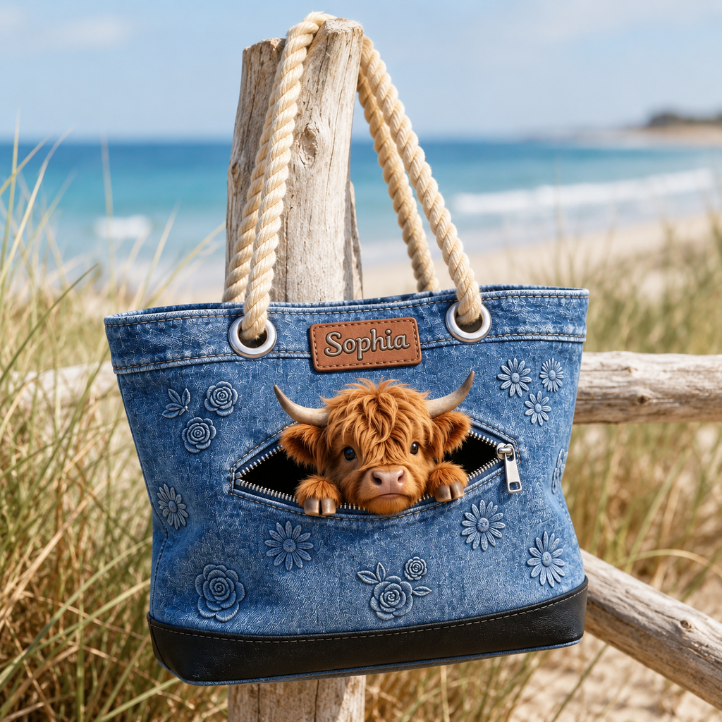 Personalized Highland Cow Denim Beach Bag Custom Name Gift for Farmer
