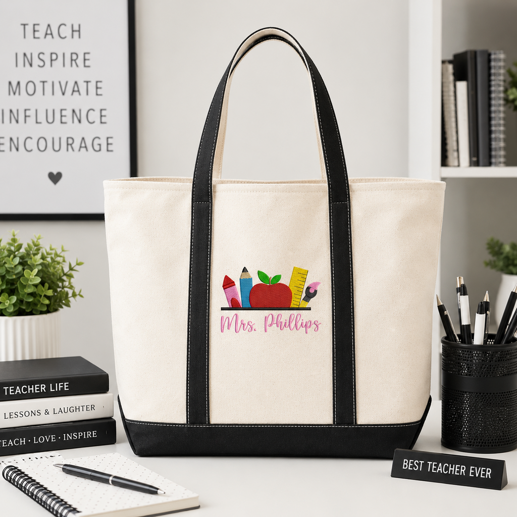 Personalized Teacher Tote Bag with Embroidered Name - Gift for Back to School